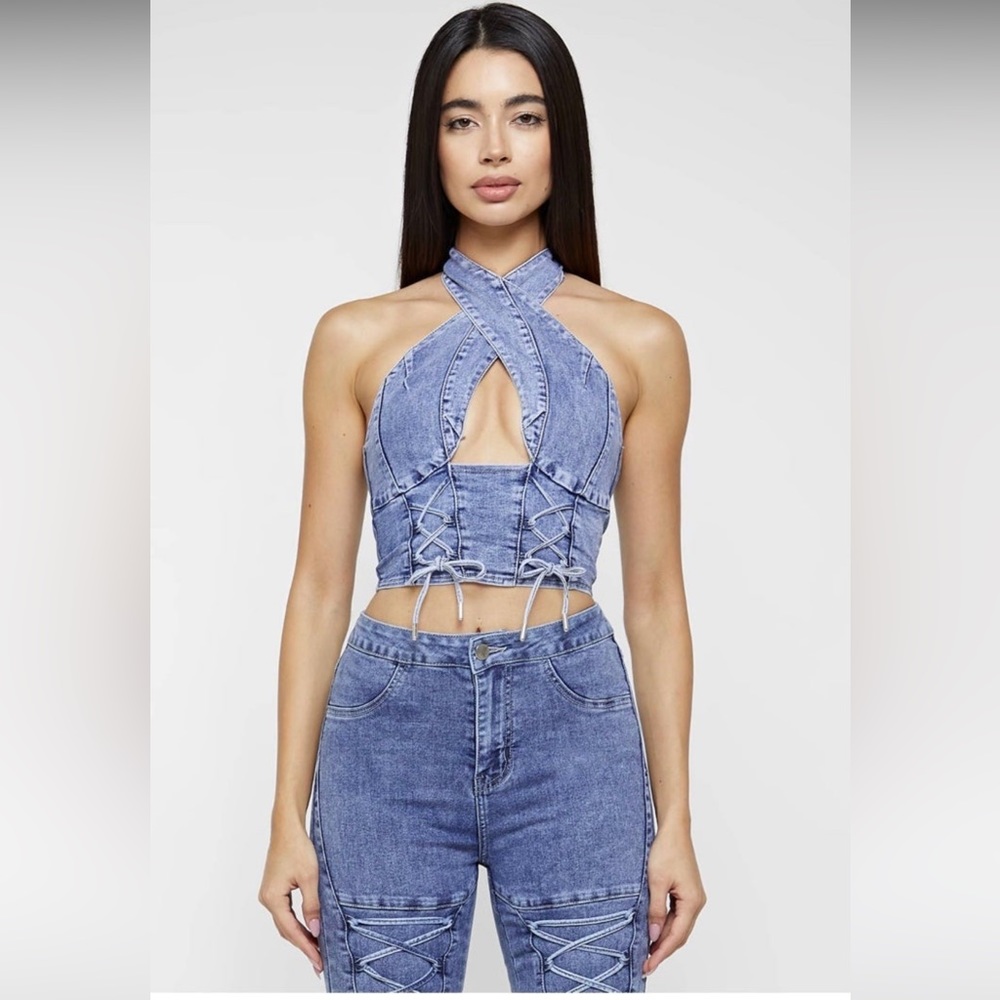 Maniere De Voir denim crossover halter top
